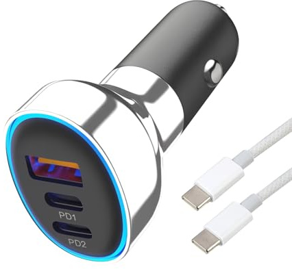 60W Cargador Coche Carga Rápida de 3 Puertos con Cable Trenzado Tipo C 66W, Cargador Mechero Coche USB-C para Smartphone 15-17 Serie, Galaxy S25/S24/S23, Cargador Cochee USBC