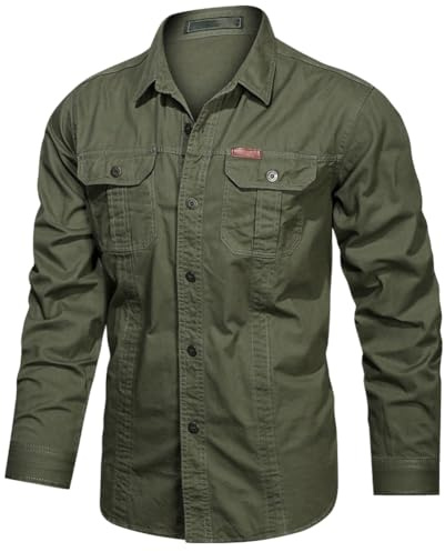 Camisas Hombre Manga Larga Ropa Militar de Algodón con Botones Sobrecamisa al Aire Libre Cargo Shirts Protección UV para Pesca, Tala, Montañismo, Caza，ArmyVerde1388，XL