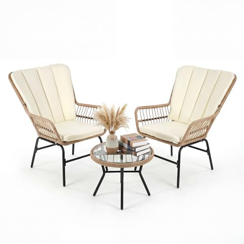 GIANTEX Juego de Muebles de Jardín 3 Piezas, 2 Sillones de Ratán con Cojines Desmontables y Mesa Auxiliar con Tablero de Cristal, Conjunto de Bistró para Balcón, Terraza y Patio