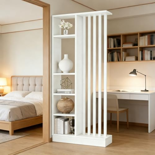 Väggrumsdelare med förvaringshylla, entréskiljevägg pelare till tak, av massivt trä, lätt att montera, lämplig för hem- eller kontorsdekoration (A White+White, 80cm)