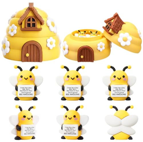 Gejoy 6 Pcs Mini Bee Figurines with 3D Printed Beehive Rubber Bee Figurines Honeycomb Desktop Storage Box Motivational Gifts for Autism Stress Relief Fidget Home Office Desk Decor