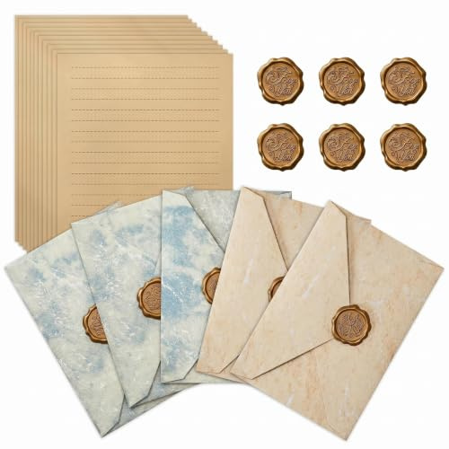Satiskid 32 Pcs Vintage Stationery Paper and Envelopes Set, 20 Kraft Paper Sheets + 6 Envelopes (Sky Blue & Cream) + 6 Wax Seal Stickers, Stationery Gift for Wedding Invitation Love Letter