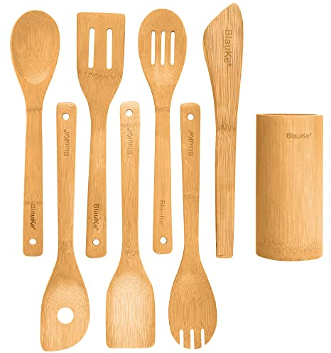 BlauKe® Set di Utensili da Cucina in Legno di Bamboo - Kit di 8 Accessori per Cucina (Paletta, Spatola, Pinze, Cucchiaio in Legno, Porta Mestoli) - Attrezzi in Bambù 100% Naturale