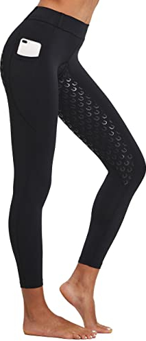 FitsT4 Sports Damen Reitleggings Silikon Vollbesatz Reithose mit Handytasche und Gürtelschlaufen,Schwarz,Gr.S