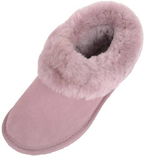 SNUGRUGS Womens Genuine Full Sheepskin Boot Slipper with Thick Sheepskin Cuff - Mushroom - UK 6