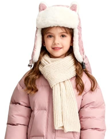 ITODA Enfants Chapka Chapeau d'hiver avec Oreillette Protéger Oreilles Bonnet d'aviateur Russe en Velours Casquette Épais Thermique Chapeau de Ski Extérieur pour Filles et Garçons 6-14 Ans, Rose1