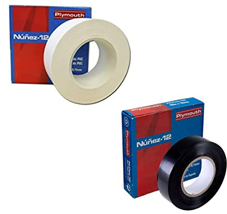 RASMACOR | Pack Cinta aislante negra + cinta aislante blanca de PVC Nuñez-Plymouth 5106 | 33m x 19mm x 0,15mm | Autoextinguible | Para todo tipo de aplicaciones mecánicas y eléctricas