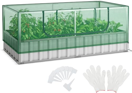 HOMASIS Jardinière surélevée 2 en 1 avec serre, parterre de plantes en métal, avec couvercle amovible en polyéthylène et porte enroulable et gants, parterre de fleurs, jardinière 174 x 90 x 70 cm,