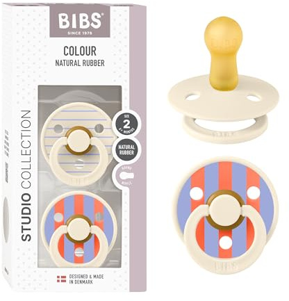BIBS Colour Studio Soother 2-Pack, BPA Free Dummy Pacifier, Round Nipple. Natural Rubber Latex, Made in Denmark, Size 2 (6-18 Months), Pin Ivory