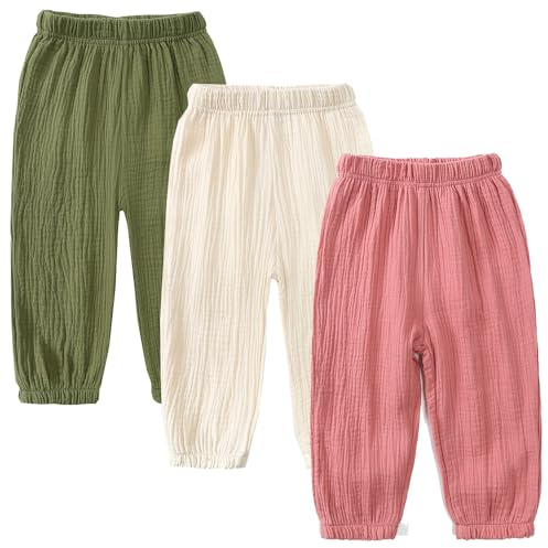 GFQLONG Toddler Baby Girls 3 Pack Elastic Waist Pants Soft Cotton Linen Harem Bloomers Summer Fall Long Pants,Pink+White+Green,2-3T