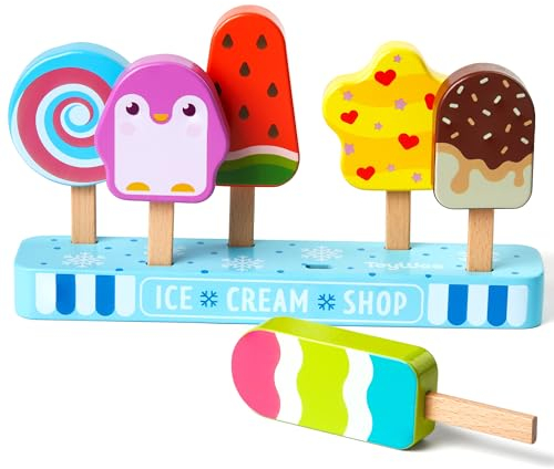 Holz-Eiscreme-Spielzeug für Kinder, Kleinkinder, Eis am Stiel, Pretend Play Food Toys Ice Cream Shop Spielset, Geschenke für Kinder im Alter von 3 4 5 6 Jahren
