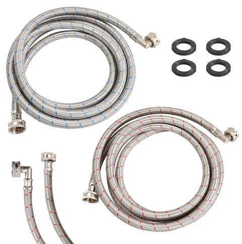 2 Pack 12 FT Washing Machine Hoses with 90 Degree Elbow, Stainless Steel Washer Hoses Burst Proof Red and Blue Striped Water Supply Lines, 3/4 FHT Thread
