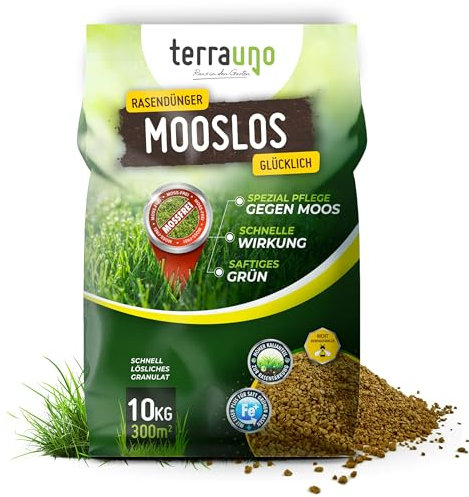 TerraUno Rasendünger Herbst Mooslos Glücklich, Moosfrei in 3 Tagen, 10 kg für 300 m², Eisendünger gegen Moos, extrafeines Granulat, Herbstdünger Rasen, Dünger für den Streuwagen