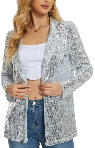 Ypser Blazer de Lentejuelas para Mujer de Frente Abierto Chaqueta Brillante Abrigo con Purpurina para Fiesta Nocturna, plata, S-M