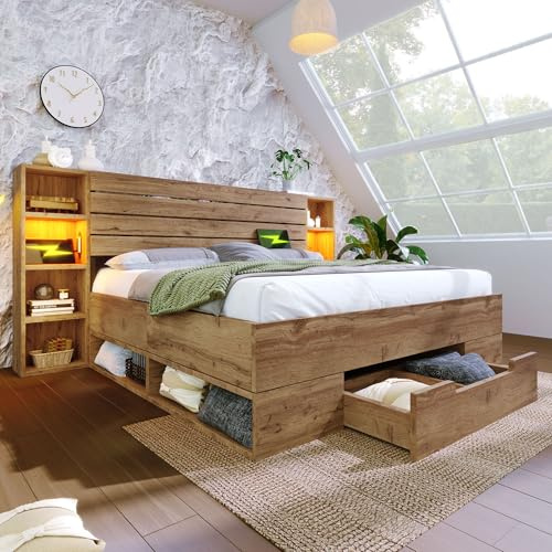 KEYIDE Lit double en bois massif 180 x 200 cm, avec éclairage LED, tête de lit et tiroirs, sommier à lattes en bois, sans matelas (chêne, 180 x 200 cm)