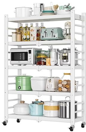 CEIEVER Klappregal Schwerlastregal, Klappbares Regal mit Rollen Lagerregal Stehend Mikrowellenregal Upgraded Heavy Duty Metallregal Praktisches küchenregal für Küche,Wohnzimmer (Weiß, 5 Schichten)