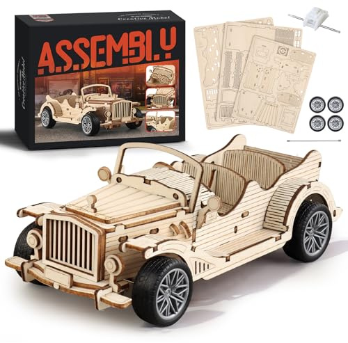 MOCBURIKU 3D Wooden Puzzles Vintage Car Model for Adults, 65pcs Pull Back Toys Car Building Kits for Adults to Build, Desk Decor/DIY Hobbies/Gifts for Boys and Men