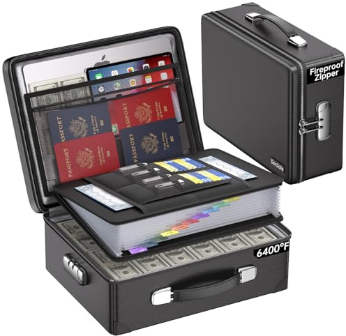 6400°F Fireproof Document Box,Hard Case Storage Box with Lock and Zipper,42 x 32 x 13 cm Heat Insulated Water Resistant Safe Box,Multi-Layer File Organiser for Important A4 Documents and Valuables
