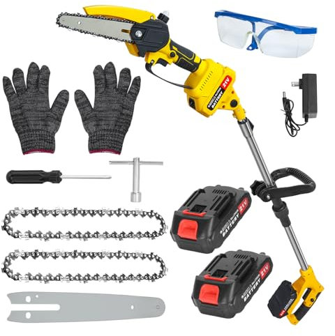 2 en 1 Élagueuse sur Perche Sans Fil et Mini Tronconneuse a Batterie, 180CM Tronconneuse Electrique 6 Pouces avec 2 Batteries, 2 Chaînes, Gant, Lunettes, pour Jardin, Branches, Bois