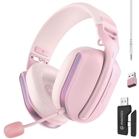 Oniverse Casque Gaming sans Fil Compatible PS5 PS4 Switch PC Mobile, Casque Gamer léger LED Faible Latence 2.4GHz ou Bluetooth, Batterie 33h, Son virtuel 7.1, Double Micro - Polaris (Rose)
