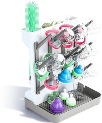 TFLPUO Baby Bottle Drying Rack, Vertical Space Saving Bottle Drying Organizer Dryer Holder for Newborn Bottles Teats Cups 12+ Items (Grey)