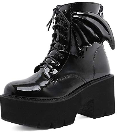 Botines Militares con Tacón Plataforma para Mujer con Cordones Botas De Combate Tacón Alto Góticas Boots con Alas,Negro,38 EU
