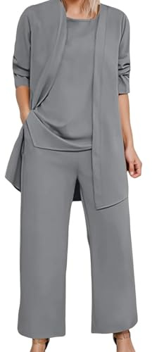Generisch Set lounge da donna, 3 pezzi, in tinta unita, per il tempo libero, con tasche, set di abbigliamento a maniche lunghe, per il tempo libero, elegante, per la primavera, grigio., L