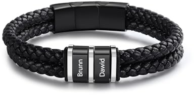 Jeweidea Bracciale Personalizzato da Uomo in Pelle PU con Incisione Nome Bracciale Regolabile con Perline in Acciaio Inossidabile per Papà Regalo della Festa del Papà (Nomi 2)
