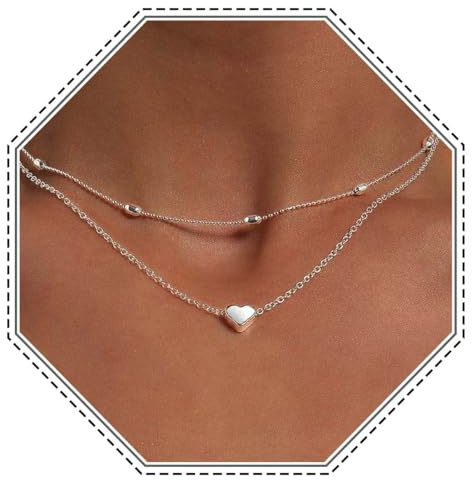 Jovono Boho Layered Heart Necklace Silver Beaded Choker Neck Chain Lover Pendant Necklaces Beach Jewelry for Women and Girls (SET1)