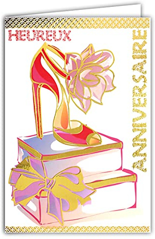 69-7067 Carte Heureux Anniversaire Femme Fille Maman Mère Rubans Fleurs Escarpins Boîtes à Chaussures à talon haut Rouge Rose Noir et Or Dorée Fêter Souhaiter Brillant Chic Tendance à la mode