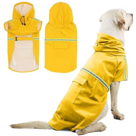 PETCUTE Impermeabile per Cani,Antipioggia Regolabile per Cani con Cappuccio e Foro per Colletto,Strisce Riflettenti Protettive,Ultraleggero 100% Cappotto Impermeabile per Animali Domestici