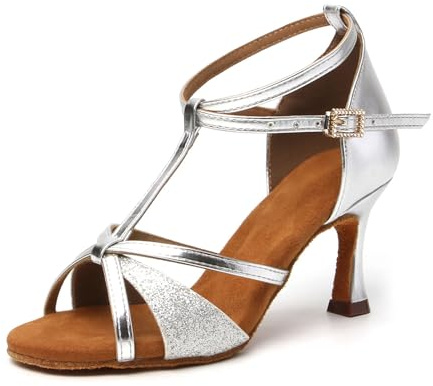 SWDZM Zapatos Baile de Salón Mujer Latino Salsa Bachata Tango Puntera Abierta Performance de Danza,Plateado,Tacón-7.5CM,EU 36.5