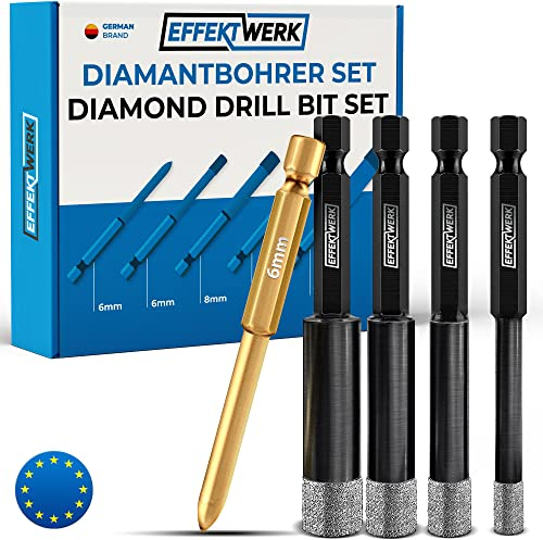 EFFEKTWERK Fliesenbohrer Set für harte Fliesen - Diamantbohrer Fliesenbohrer 6mm 8,10,12 & Anbohrer - Feinsteinzeug Bohrer Glasbohrer Granit Marmor Keramikbohrer - Fliesen Bohrer - Sechskantschaft