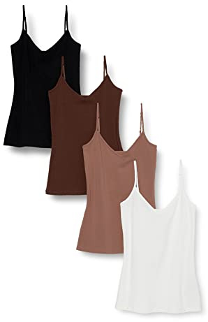 Amazon Essentials Caraco ajusté en Maille, col en V, Effet superposé (Grandes Tailles Disponibles) Femme, Lot de 4, Brun/Multicolore, S