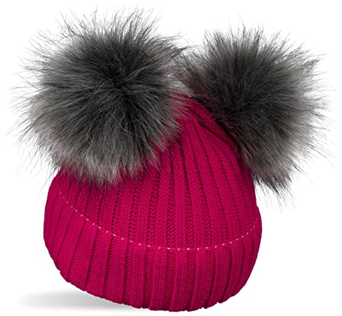 styleBREAKER Cappello a Maglia con 2 Pom Pom in Pelliccia Sintetica e Fodera in Pile, Cappello Invernale, Berretto a Maglia, 2-5 Anni 04024203, Colore:Color Rosa