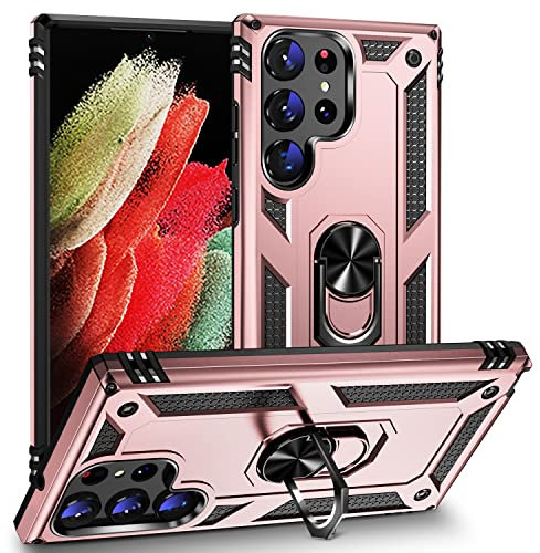Asuwish Cover per Samsung Galaxy S23 Ultra 5G con Pellicola Vetro Temperato Vetrino Magnetica Anello Supporto Resistente Protettiva Protezione Silicone S23Ultra 23S S 23 23Ultra Custodia Case Oro rosa