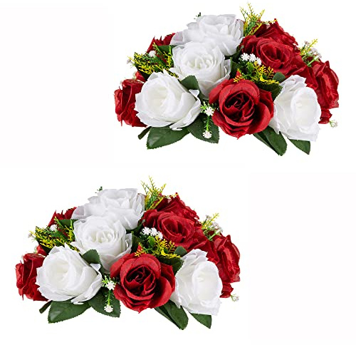 Inweder Wedding Flower Balls for CenterPcs - 2 Pcs Artificial Ball Arrangement Bouquet, Fake Flowers Rose Weddings, Birthday Party, Valentine's Day, Home Decor, Crimson & White (0YHQ401I)