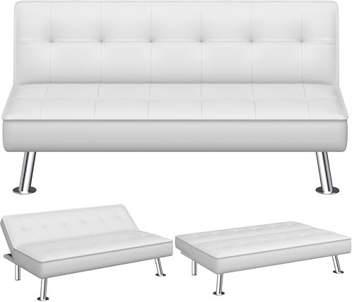 Yaheetech Divano Letto Reclinabile con Seduta Imbottita Convertibile in Letto 105° - 180° Mobile Regolabile da Soggiorno Salotto Stanza Ospiti Arredamento per Riposo Bianco/Pelle