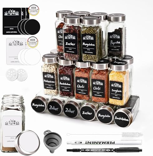 SIAZIH Gewürzgläser Eckig mit Streueinsatz,24 Gewürzstreuer mit Drehbare Abdeckung aus Edelstahl, 120ML Gewürzdosen Set mit Trichter, Etikett, Spice Jars, Gewürz Organizer