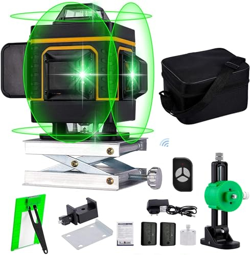 Niveau Laser 4 x 360°, 4D 16 Lignes Laser Rotatif Vertical Horizontal d'outil, Autonivelant de Niveaux avec d'auto-nivellement avec 2xBatteries Rechargeables Intégrées