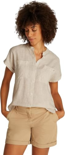 Tommy Hilfiger Blusa Mujer Linen Collarless de Manga Corta, Multicolor (Classic Ithaca/Sandalwood), 36