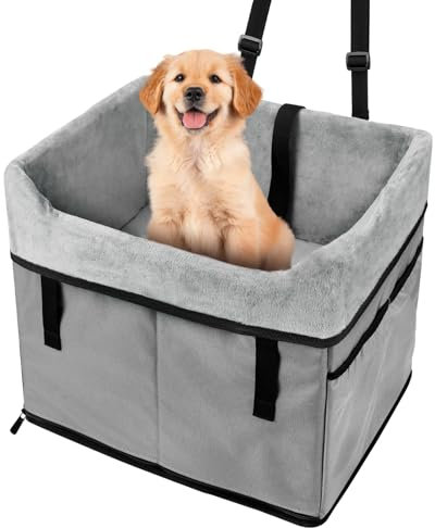 Vivifying Hunde Autositz - Hundesitz Auto Rückbank, Sicherer und Stabiler Autositz Hund mit Gurtbefestigungshaken und Plüschkissen für Hunde bis 11 kg 41x33x36 cm (Grau)