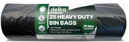 Delka Heavy Duty Black Bin Bags – Extra Strong, Leak-Proof Plastic Liners – Ideal for Kitchen, Home, DIY & Garden, Household, Office & Catering – Made from 100% Recycled Material (75L, 25 Pack)