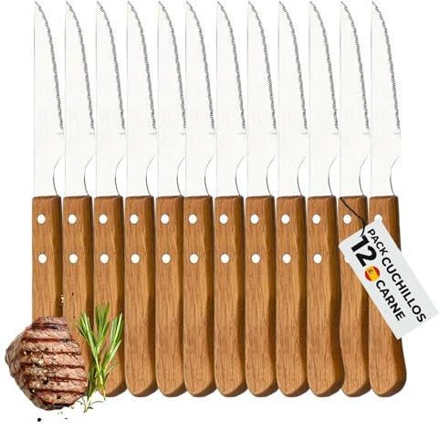 Humpti Cuchillos Carne Pack 12, Set Cuchillos de Sierra para Carne, Cuchillos Chuleteros de Acero Inoxidable y Madera