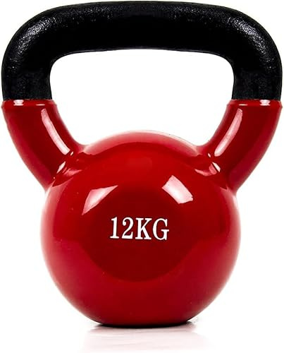Mancuerna Pesa Rusa Kettlebell con revestimiento de vinilo con Mango Ancho Antideslizante para Ejercicios y Entrenamiento en Casa y Gimnasio, Fitness. (12kg Rojo)