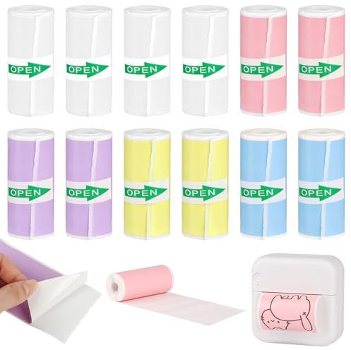 Lot de 12 rouleaux de papier thermique autocollant pour mini imprimante 5 couleurs pour enfants, papier photo instantané (57 mm x 3 m), autocollants imprimables pour photos, notes