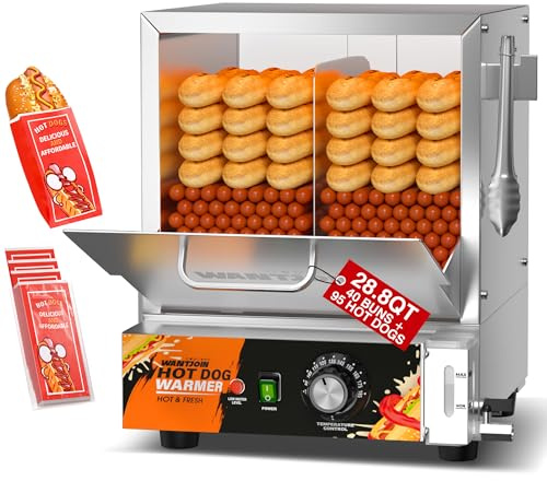 WantJoin Commercial Hot Dog Steamer - 28.8QT Stainless Steel Electric Hotdog Steamer Machine with Bun Warmer, Tempered Glass Steamer Machine for 95-105 Sausages & 30-40 Buns
