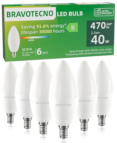 bravotecno Lampadine LED E14, Classe Energetica B, E14 LED Luce Naturale 4000K, 2,5W 470LM C37, Equivalente a 40W, Angolo di Illuminazione 360°, Non Dimmerabile, Basso Calore & Lunga Durata, 6 Pezzi