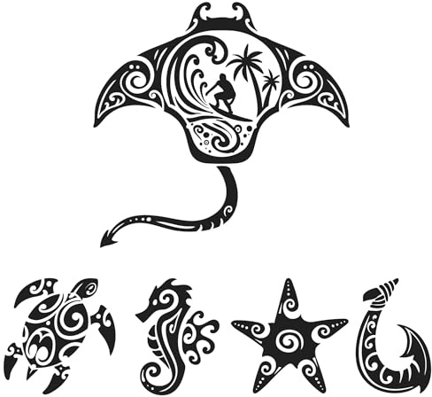 x5 Petits Tatouages Éphémères Maori - Raie, Tortue, Etoile de mer, Hameçon, Hippocampe - Polynésien | Semi permanent | Dure jusqu'à 10 jours | Waterproof | Noir | Homme, femme - TATTOO YOUR STYLE