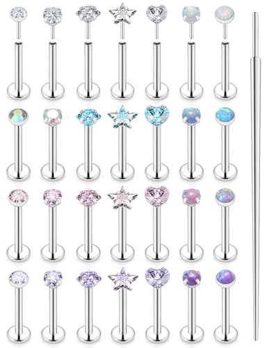 Uzgtvy 16G Threadless Lip Labret Medusa Monroe Nose Ring Stud Snake Bite 16 Gauge Silver Surgical Stainless Steel Flat Back Push in Cartilage Tragus Helix Conch Earring Piercing Jewelry Women Men